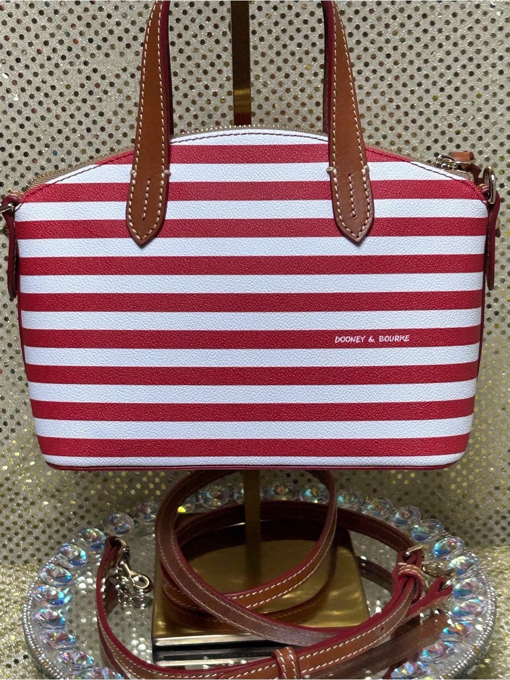 Dooney & Bourke Red and White Striped Crossbody Satchel with Brown Trim - Picture 3 of 16